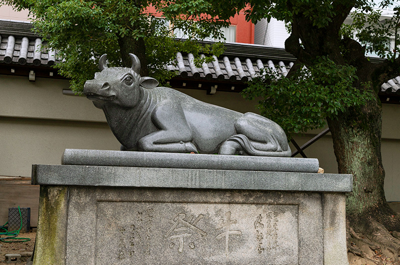 大阪天満宮にある神使いの狛牛の石像