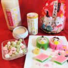 Hello kitty hina arare, amazake, hishimochi, Japanese sweets and traditional food eaten during the Hina Matsuri holiday