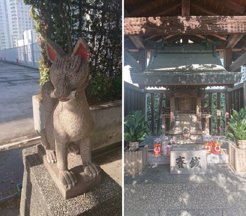 左側の狛狐と福永稲荷大明神社殿