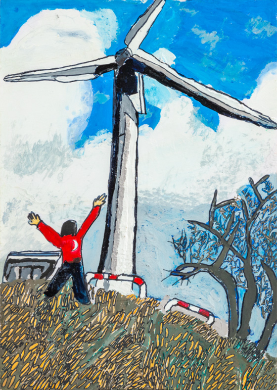 絹谷幸二キッズ賞 グランプリに選ばれた舛井勝秋さんの作品「しぜんにやさしい風力発電」