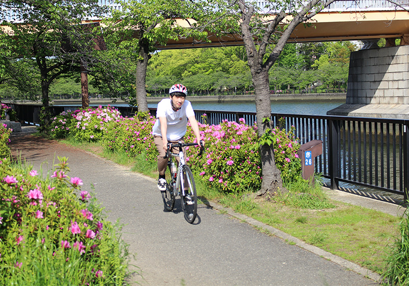 cycling riverside in Osaka, Japan