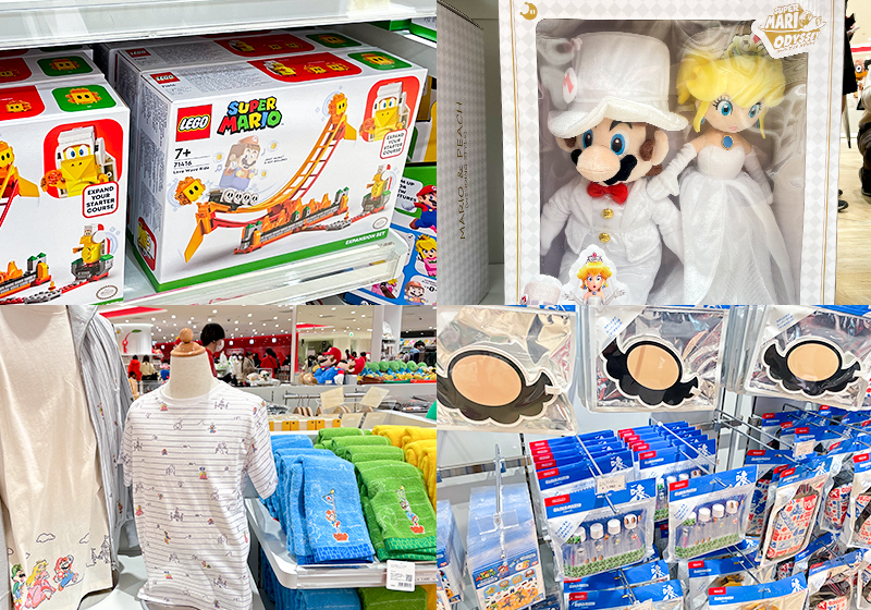 Super Mario themed lego sets, dolls, and loungewear for sale at the Nintendo OSAKA store