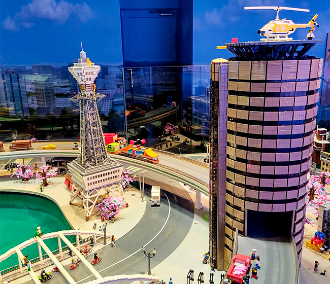 Gate Tower Building with highway going through it and Tsutenkaku models at Legoland Discovery Center Osaka