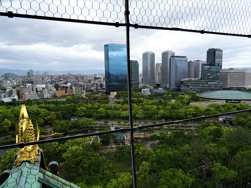 大阪城天守閣からの景色。金のしゃちほこも目の前に見えます