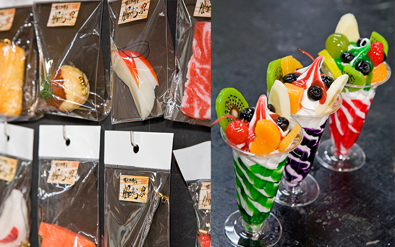 DIY plastic food samples of takoyaki, ice cream, and other foods