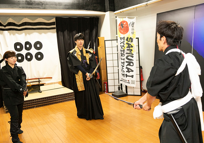 sword-fighting during samurai experience at the Japan Sword Fighting Association in Osaka