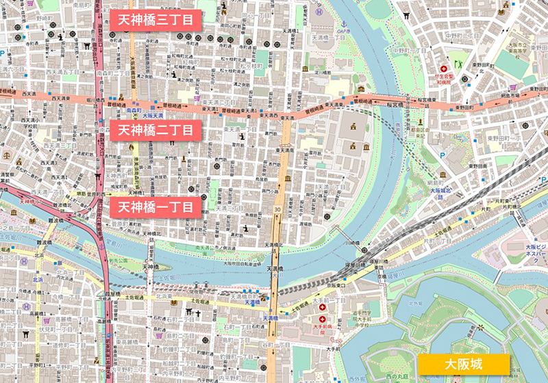 大阪城と天神橋筋の地図。城に近い南側が一丁目になっています