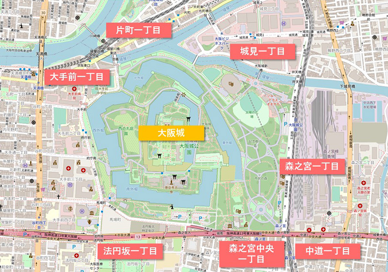 大阪城の周辺を地図で見ると１丁目だらけ