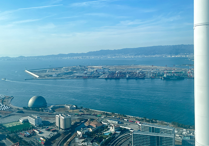 View of Maishima, the site of the Osaka Expo, from Cosmo Tower where the progress of construction is visible