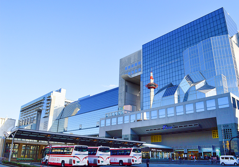 JR Kyoto Station bus terminal. There are many bus stops outside.