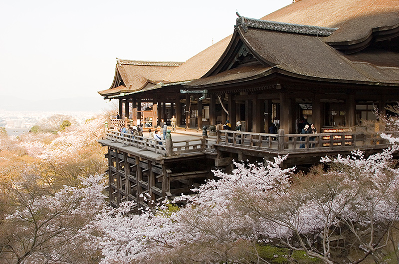 Kyoto tourist destination, Kiyomizu-dera temple, famous for its stage supported by wooden pillars