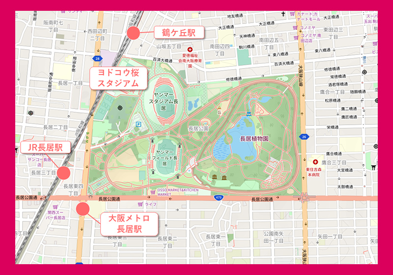 ヨドコウ桜スタジアムと鶴ケ丘駅・長居駅を記した長居公園周辺の地図