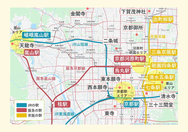 JR・阪急・京阪の路線図をいれた京都の地図