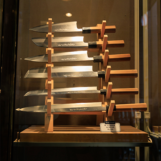 Japanese knives on display at Sakai Ichimonji Mitsuhide