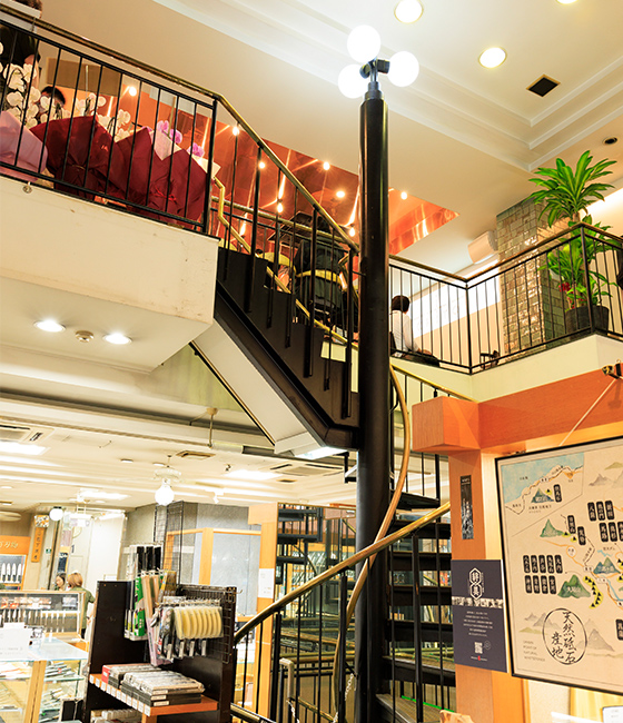 spiral staircase to second floor event space at Osaka’s Sakai Ichimonji Mitsuhide