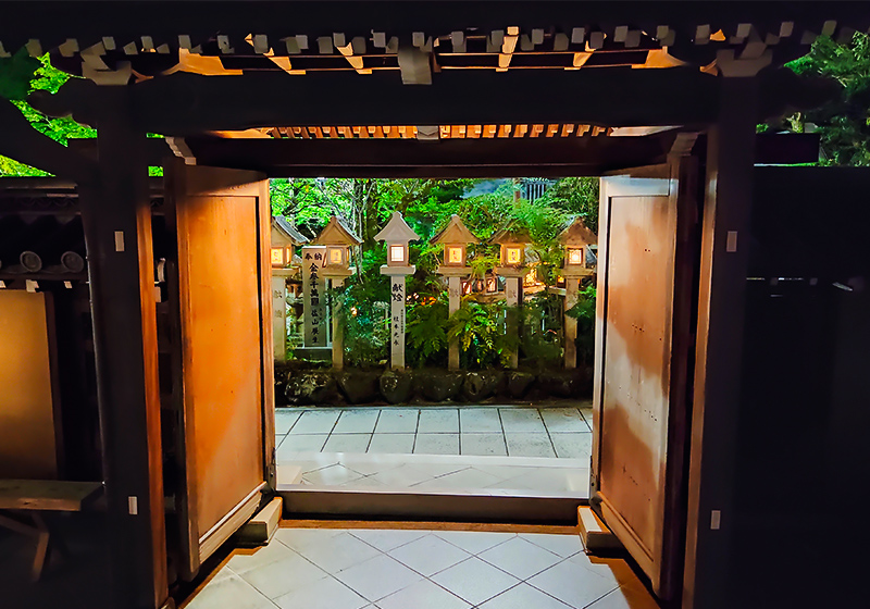 night walk at Shigisan Temple in Nara lit by stone lanterns