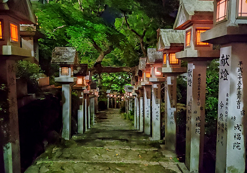 night walk at Shigisan Temple in Nara stone path lit by stone lanterns