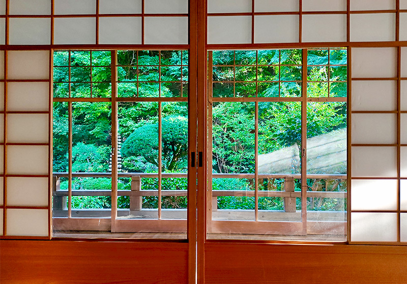 view of the garden through shoji doors of Senju-in shukubo temple at Shigisan in Nara