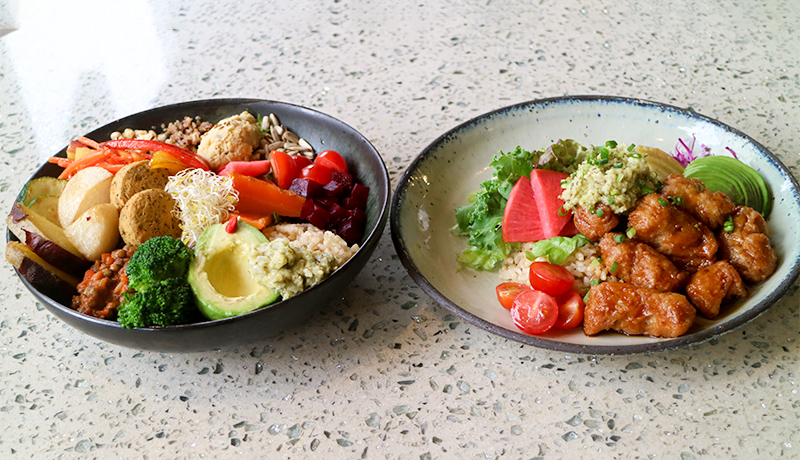 ランチでいただいた「選べる３種のベジからあげ丼」と「オールインワンボウル」